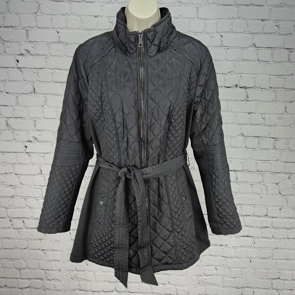 Sebby Collection Black Quilted Belted Stretch Knit Sides Insulated Jacket XL